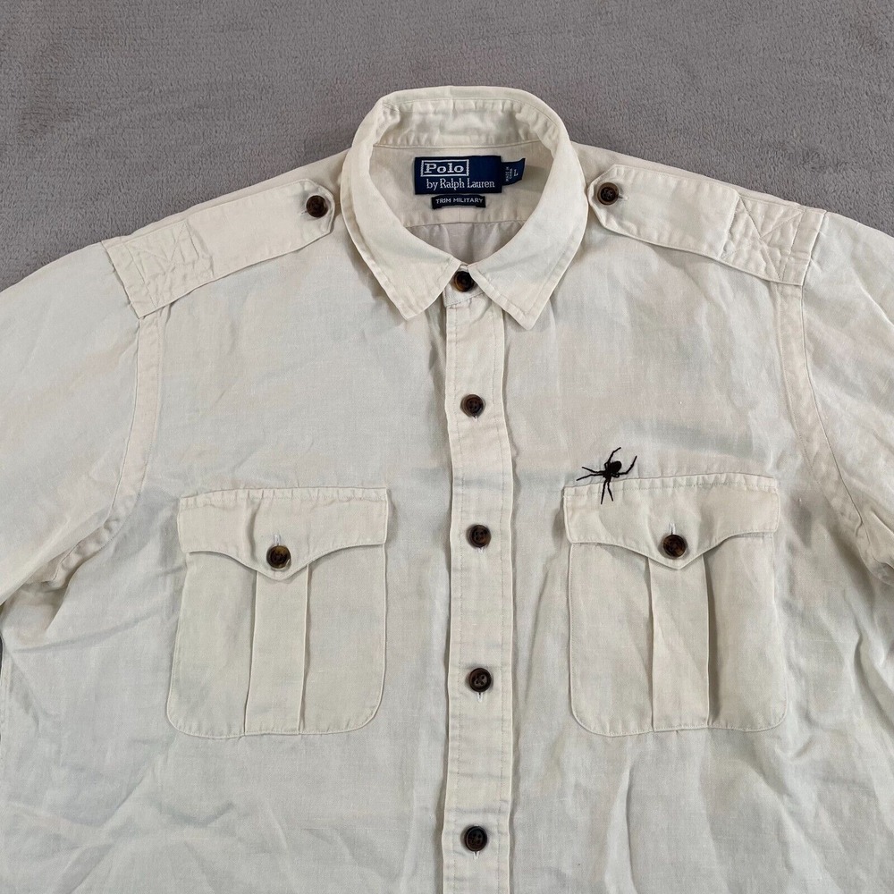 Polo Ralph Lauren Shirt Men‎ Large Linen Silk Trim Military Spider Embroidered